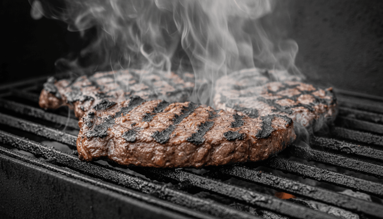Sizzling carne asada on grill with char marks and steam