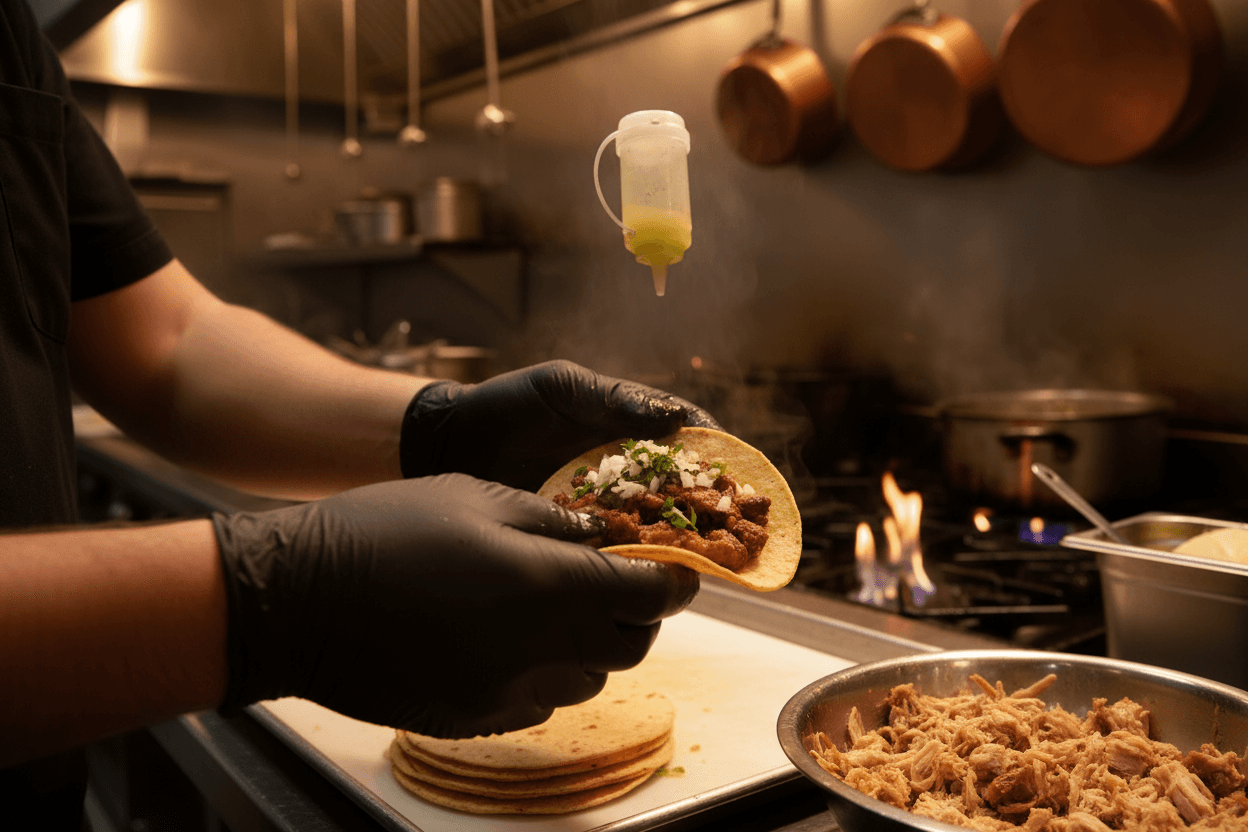 Chef hands preparing fresh tacos in kitchen
